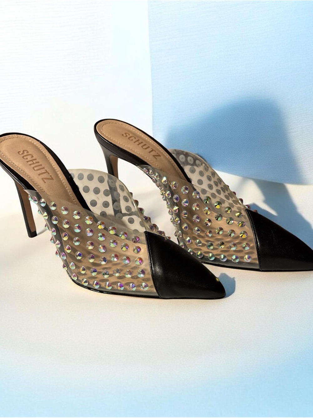SCHUTZ Black Pointed-Toe Mule Heels with Iridescent Crystal Studs